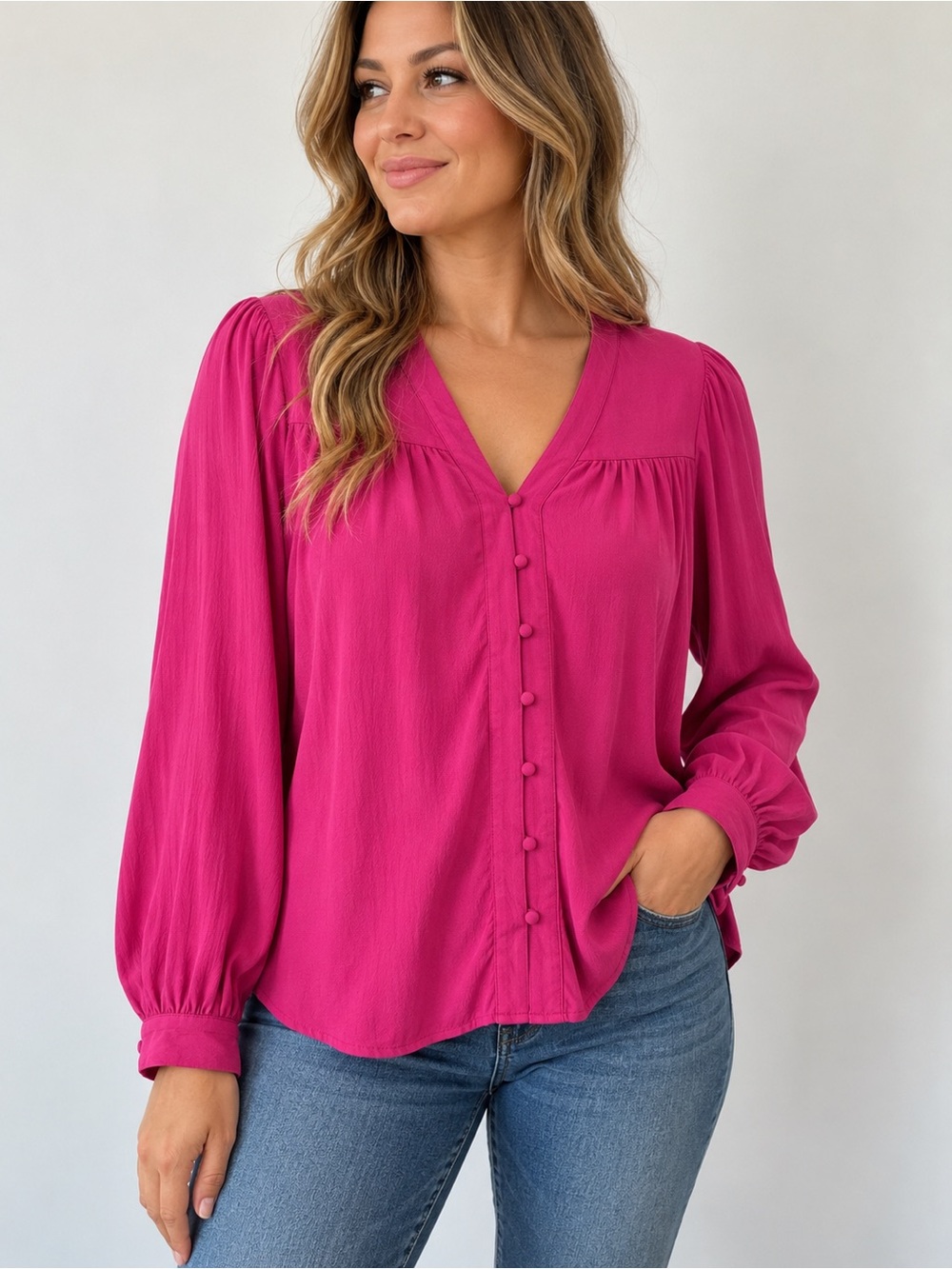 RW&CO. Women’s Fuchsia Pink Button Front Blouse – XL